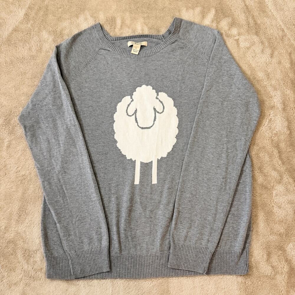 G.H. Bass Gray Cotton Sheep Sweater Women L Long Sleeve Pullover Cottagecore